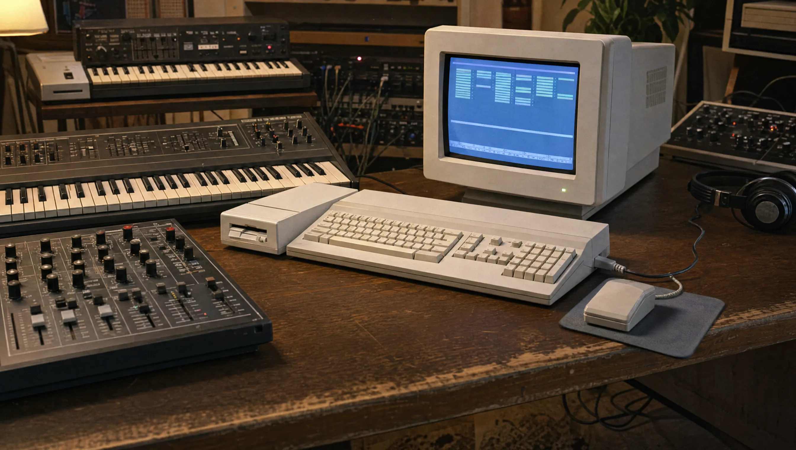 Atari ST mit Monitor, Tastatur und MIDI-Musikstudio der 1980er Jahre.