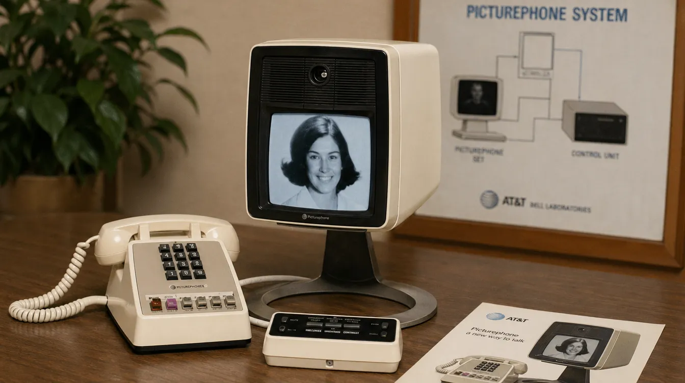 AT&T Picturephone auf einem Schreibtisch mit Monitor, Telefon und Bedienkonsole.