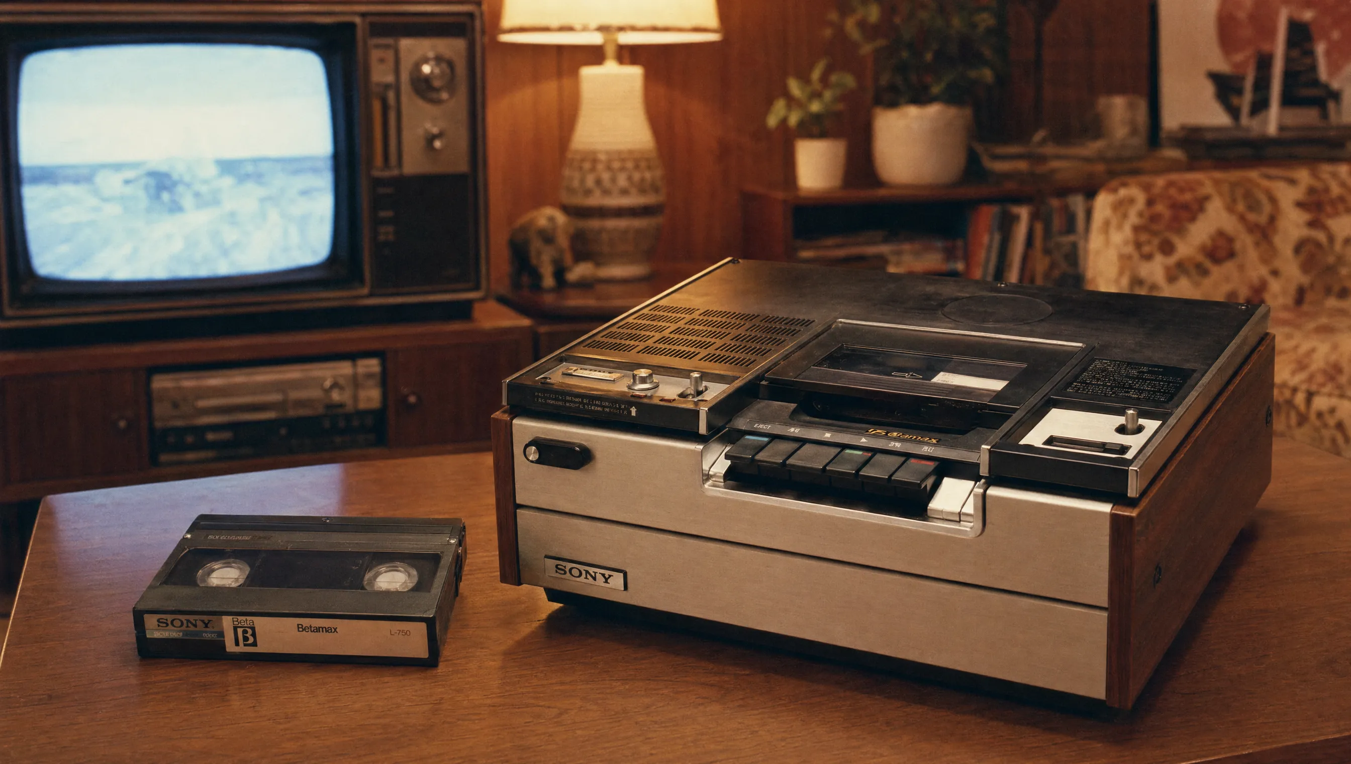Sony Betamax-Videorekorder mit Kassette in einem Wohnzimmer der 1970er Jahre.