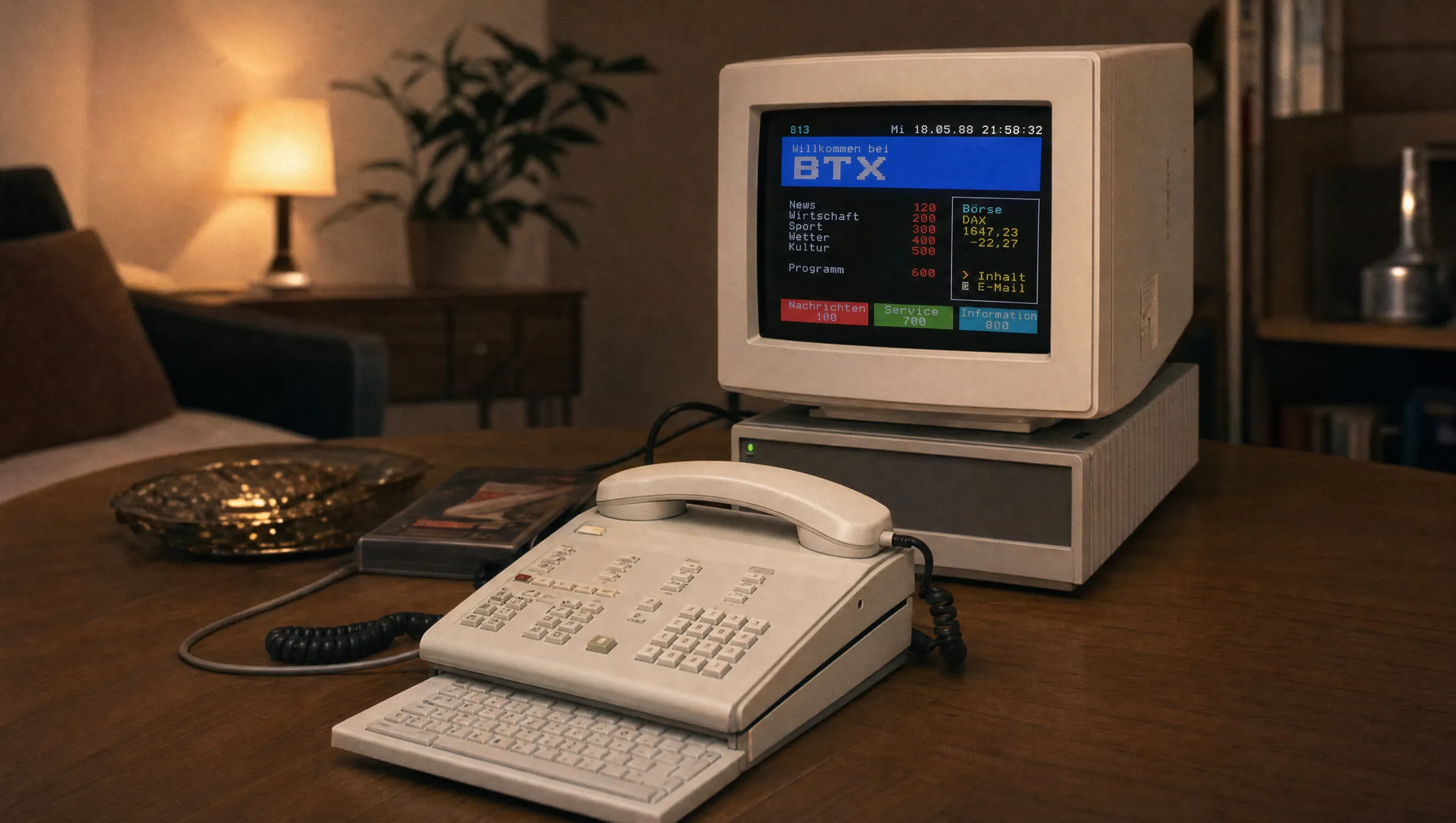 Bildschirmtext-BTX-Terminal mit Videotex-Oberfläche in einem deutschen Wohnzimmer der 1980er Jahre.