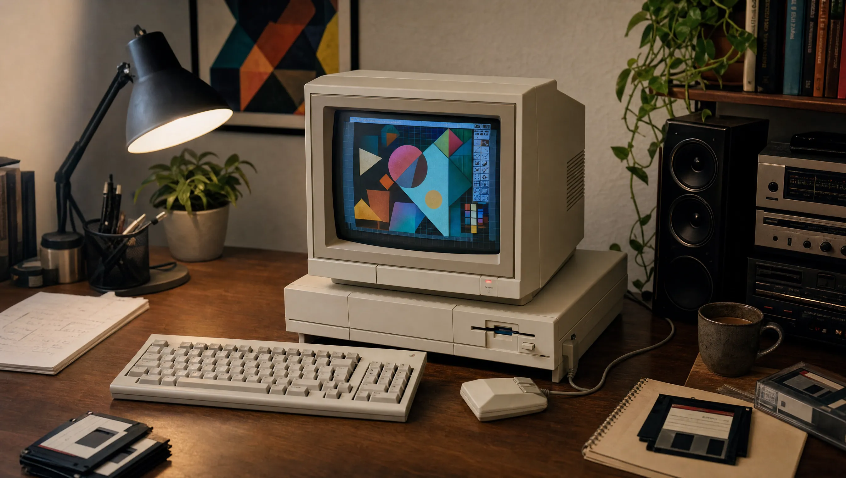 Commodore Amiga mit Monitor, Tastatur und farbiger Multimedia-Demo.