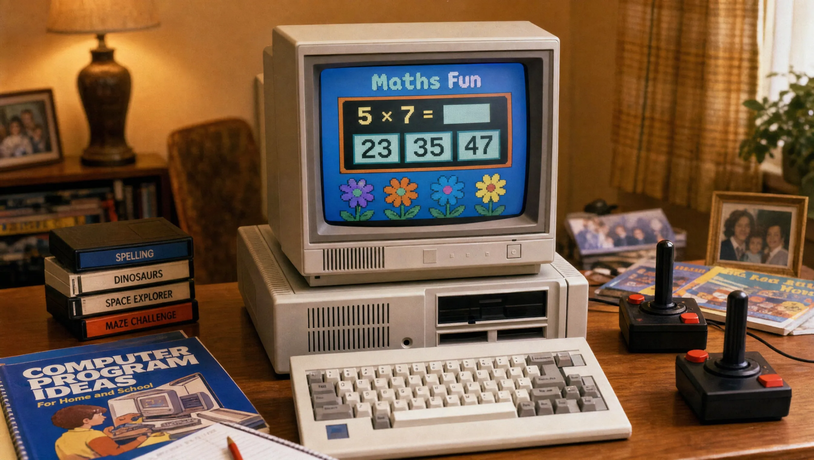 IBM PCjr mit Tastatur, Monitor und Heimcomputer-Zubehör der 1980er Jahre.