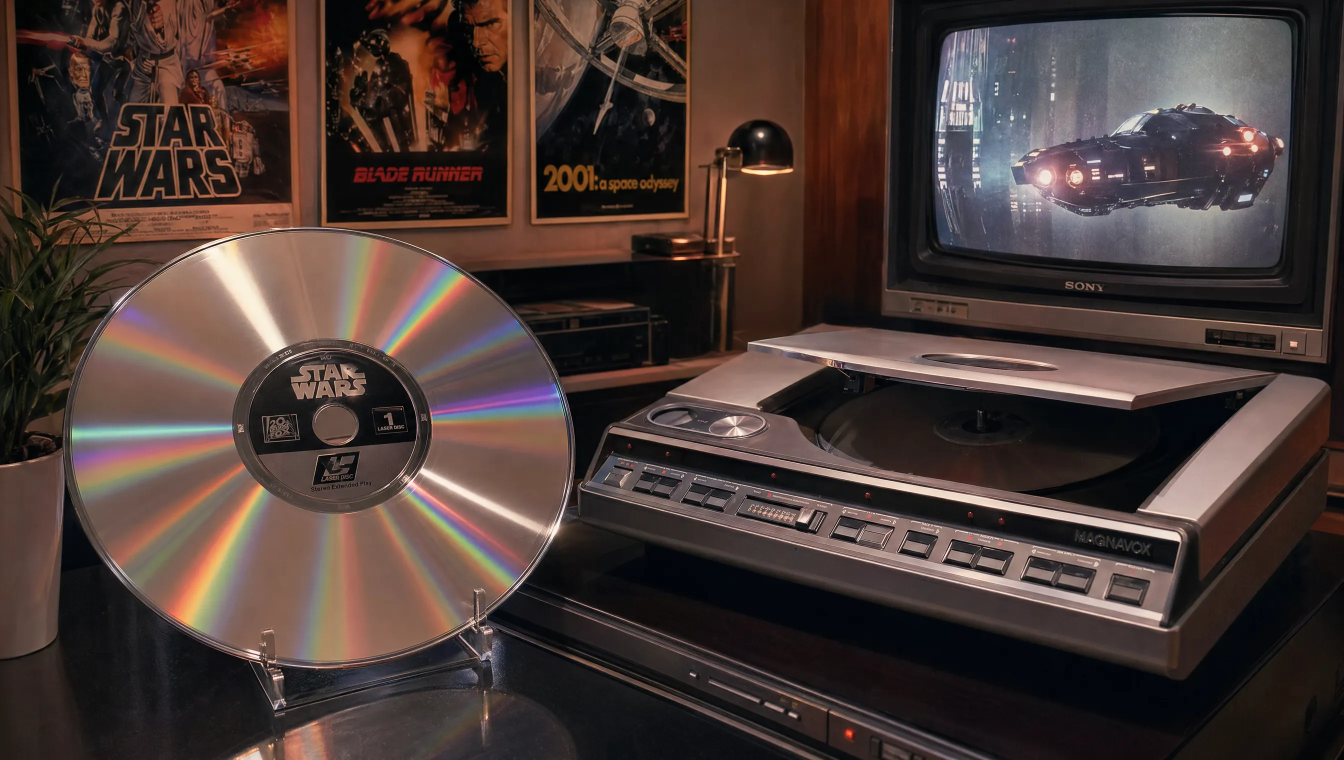 LaserDisc mit frühem Abspielgerät in einem Heimkino-Setup der 1980er Jahre.
