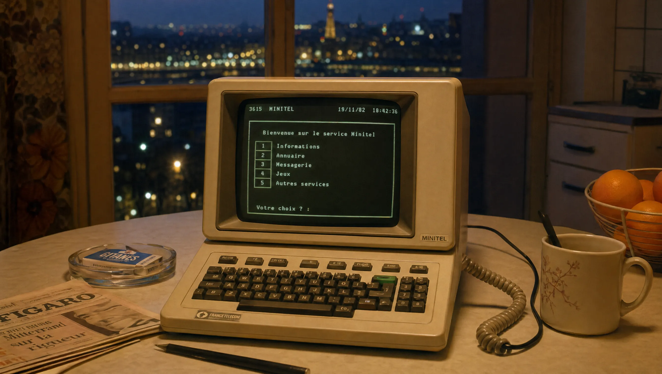 Minitel-Terminal auf einem Küchentisch vor nächtlicher Pariser Kulisse.