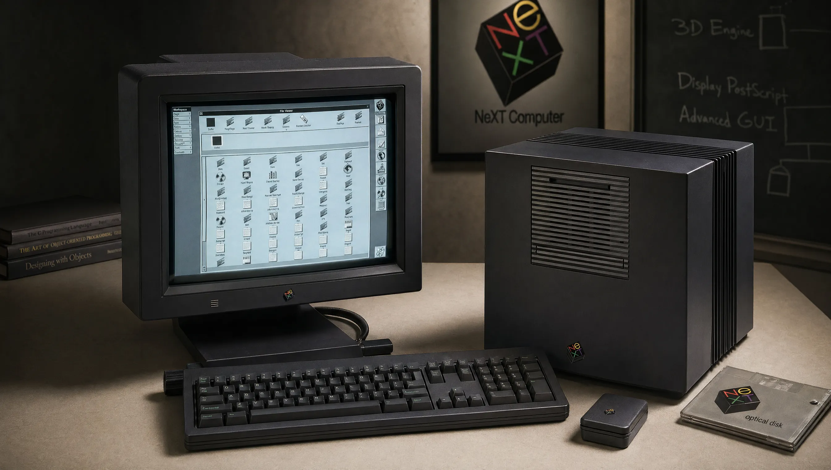 NeXT Computer mit schwarzem Würfel, Monitor und NeXTSTEP-Oberfläche.