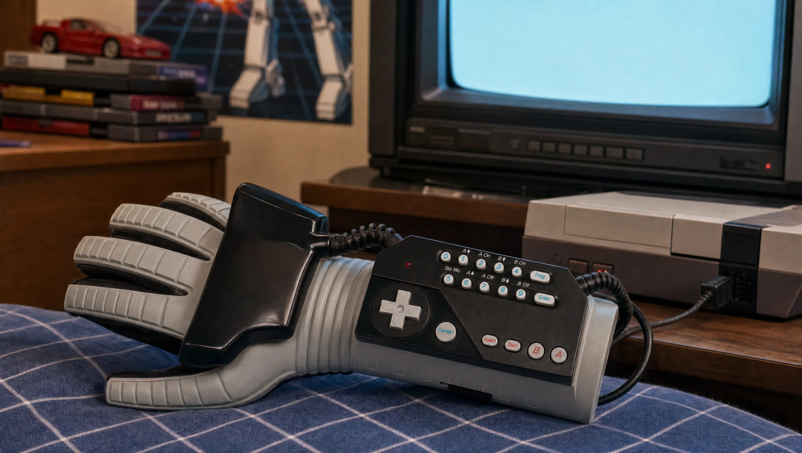 Nintendo Power Glove mit NES-Konsole und Bewegungsspiel-Steuerung.