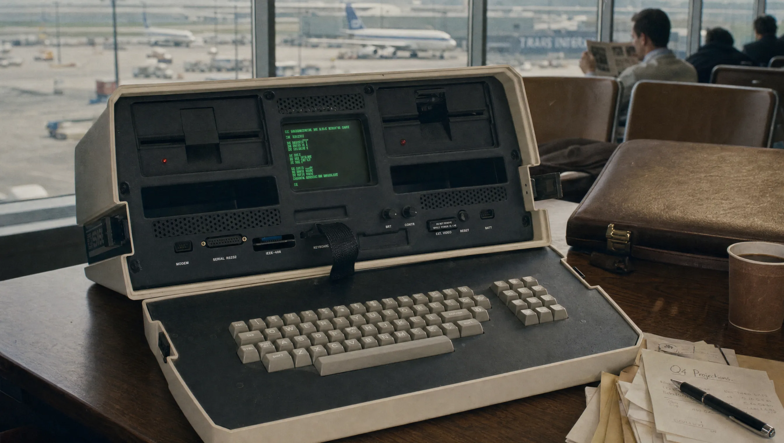Osborne 1 als tragbarer Computer mit kleinem Bildschirm und Diskettenlaufwerken.