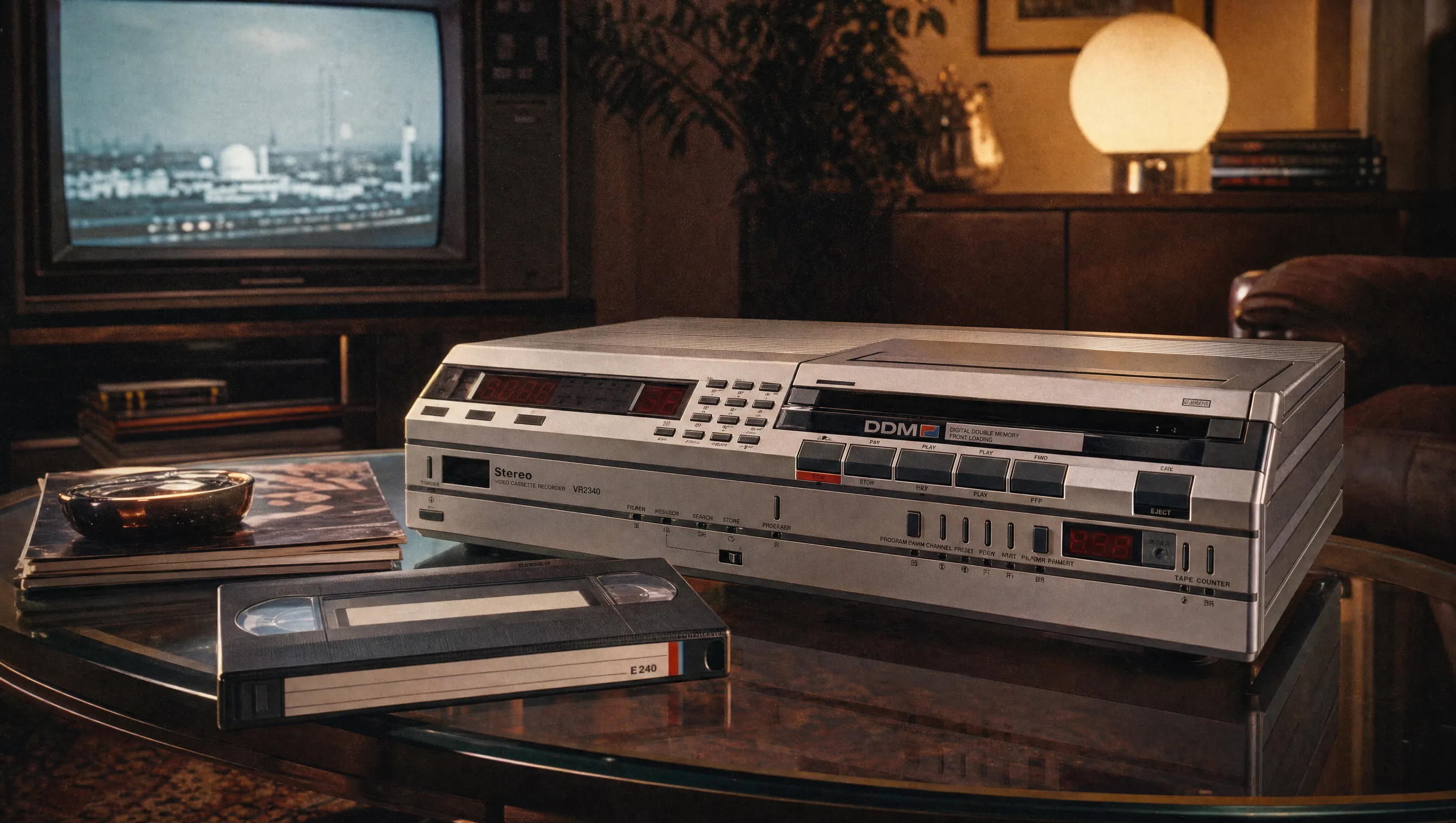 Philips Video-2000-Rekorder mit Wendekassette in einem Wohnzimmer der 1980er Jahre.