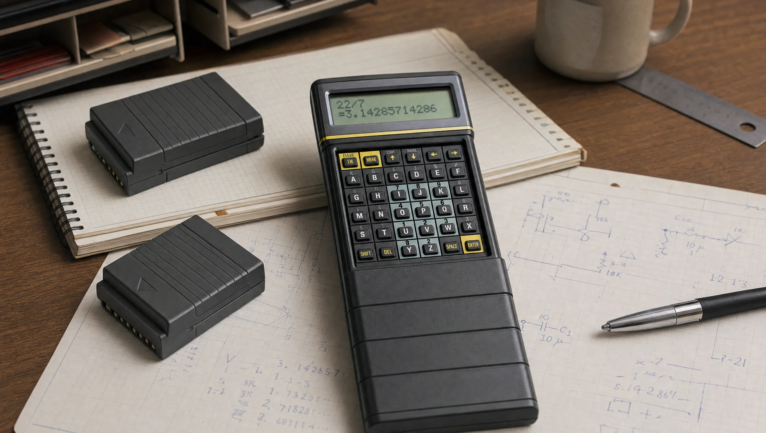 Psion Organiser mit kleinem Display, Tastatur und DataPak-Modulen.