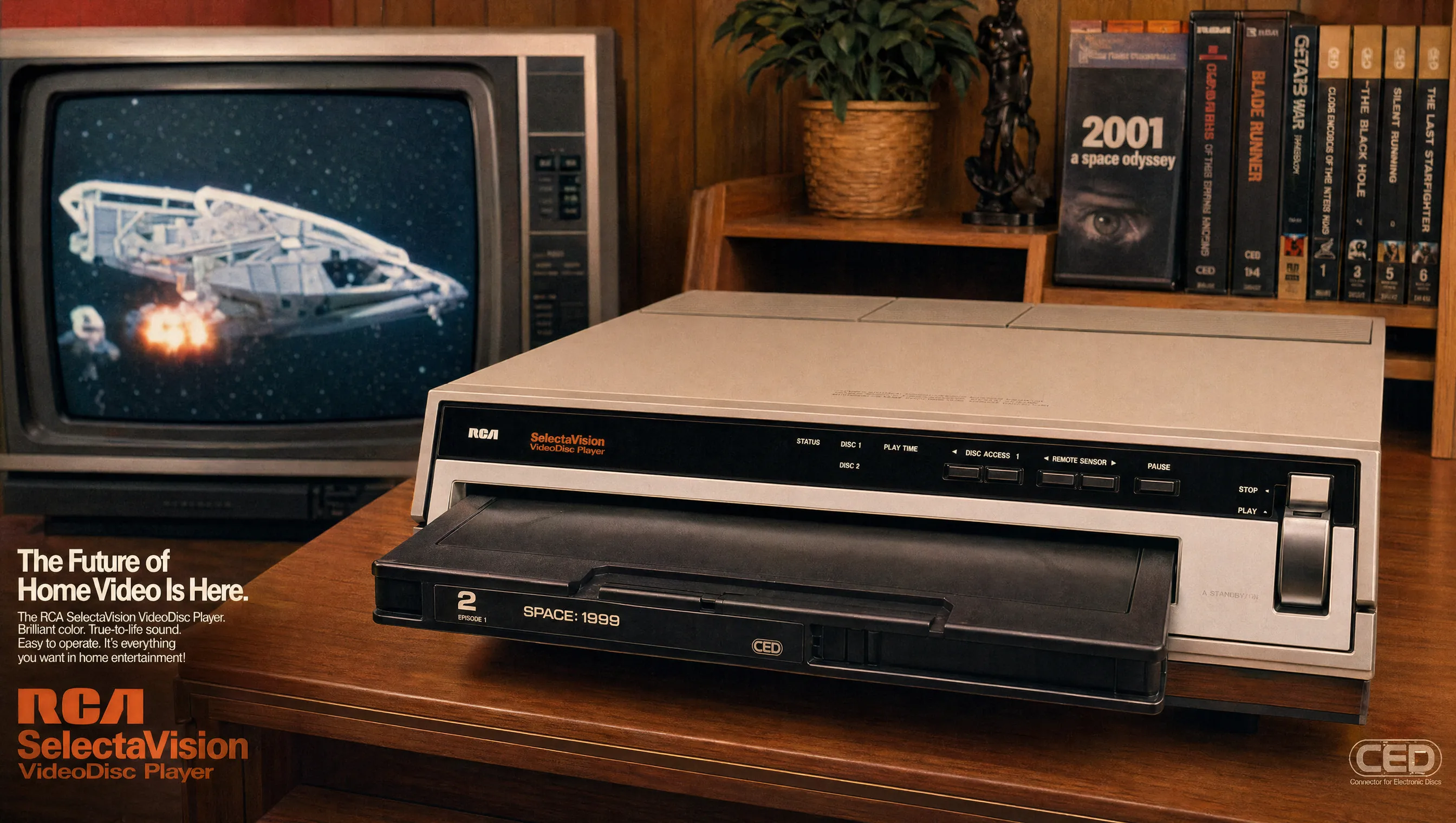 RCA SelectaVision VideoDisc Player mit CED-Caddy vor Fernseher und Filmsammlung.