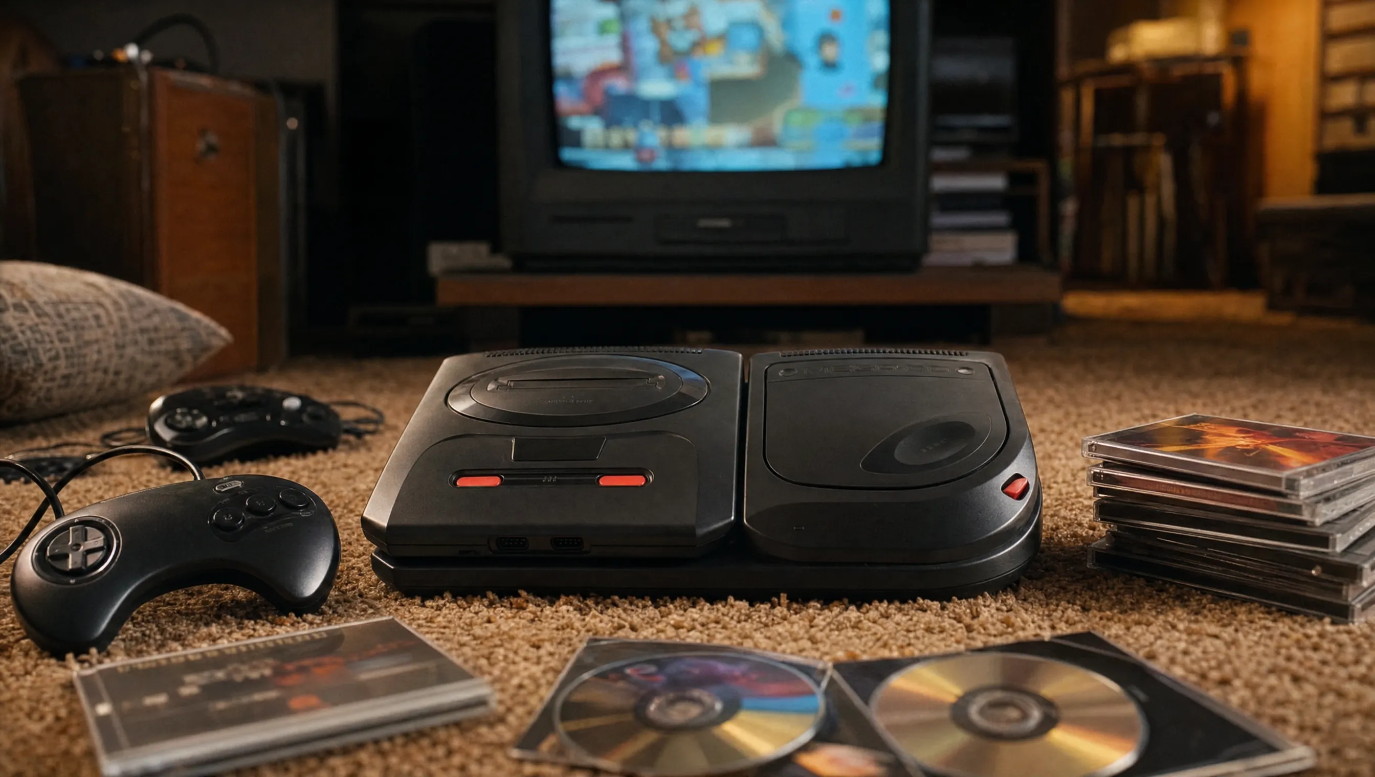 Sega Mega-CD mit Mega Drive, CD-ROM-Spiel und 16-Bit-Konsolen-Setup.