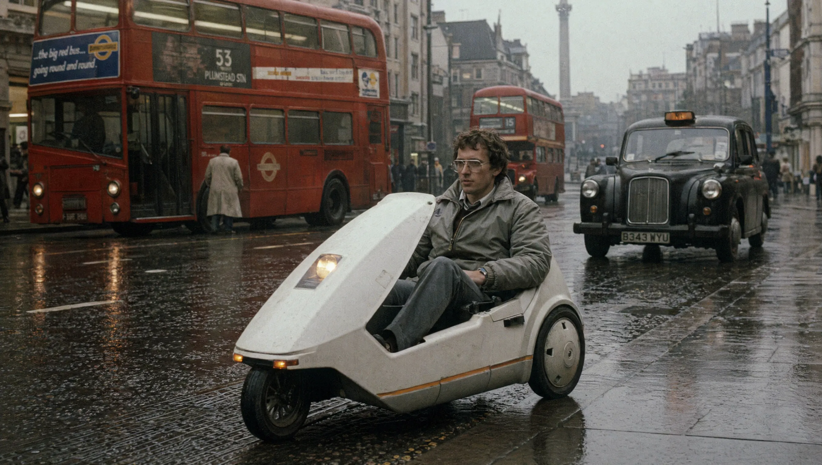 Sinclair C5 auf einer regennassen Londoner Straße zwischen Bussen und Taxis.