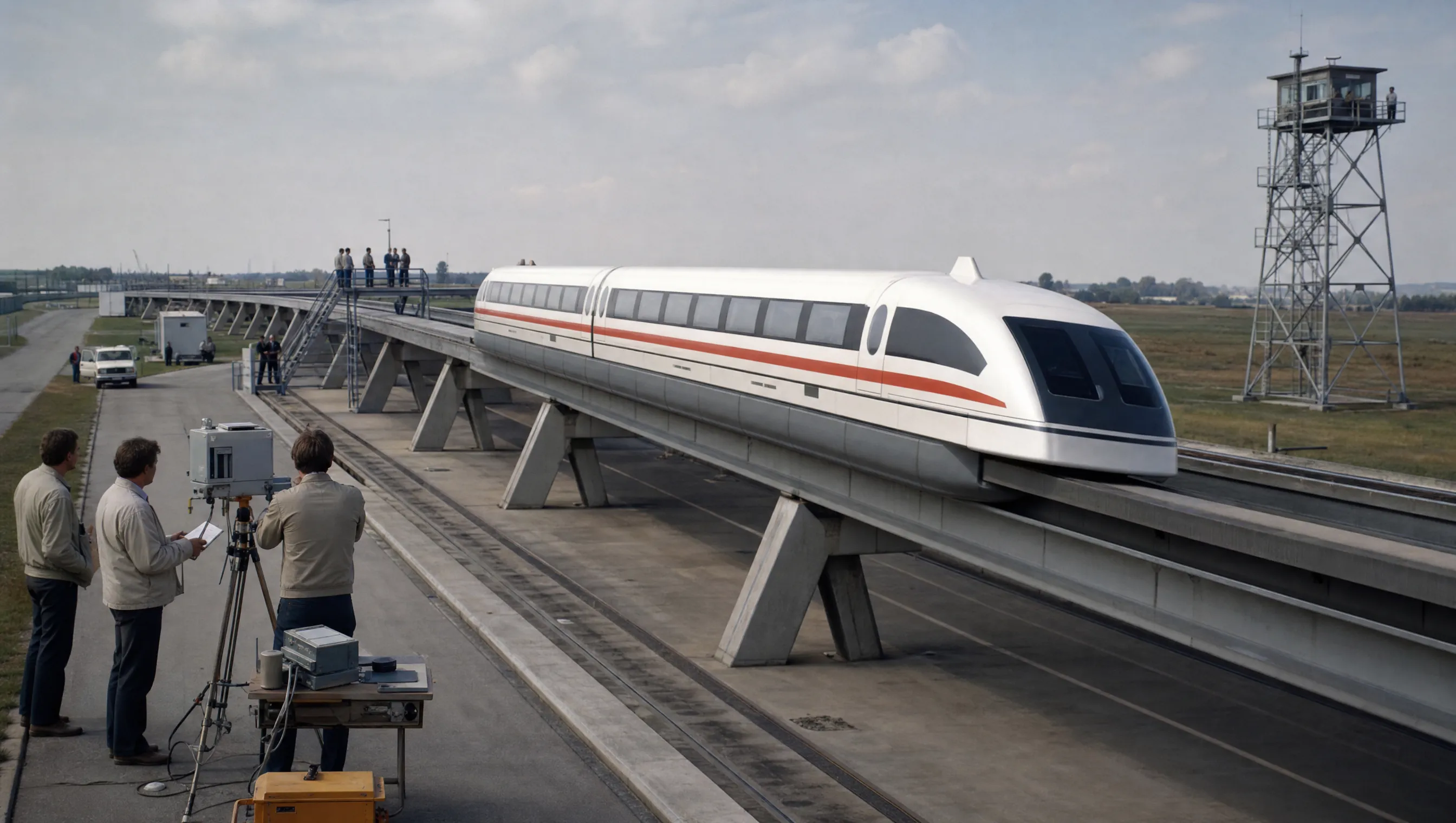 Transrapid-Magnetschwebebahn auf Teststrecke als futuristische Verkehrstechnik.