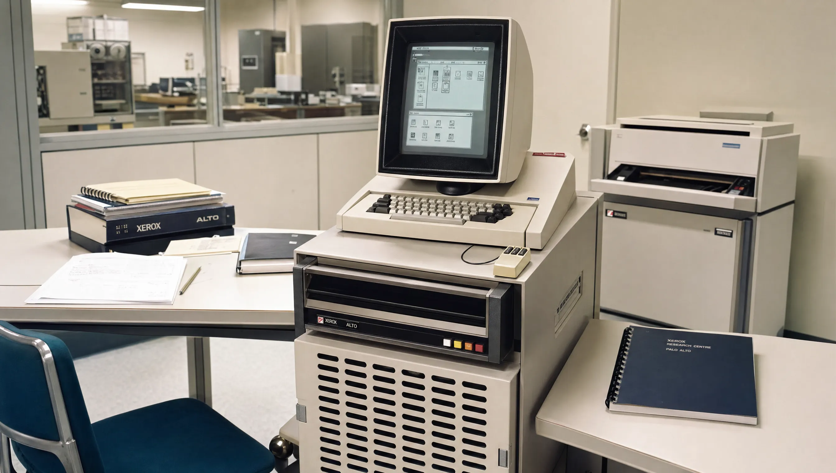 Xerox Alto mit Hochformat-Bildschirm, Tastatur, Maus und Drucker im Forschungslabor.