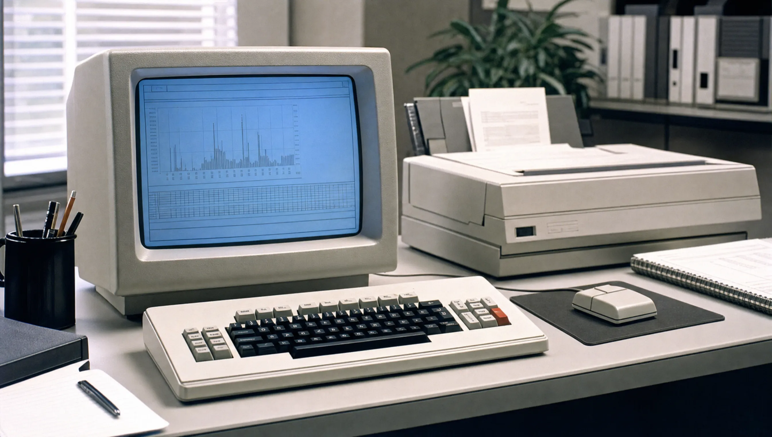 Xerox Star 8010 Workstation mit grafischer Bürooberfläche, Tastatur und Maus.